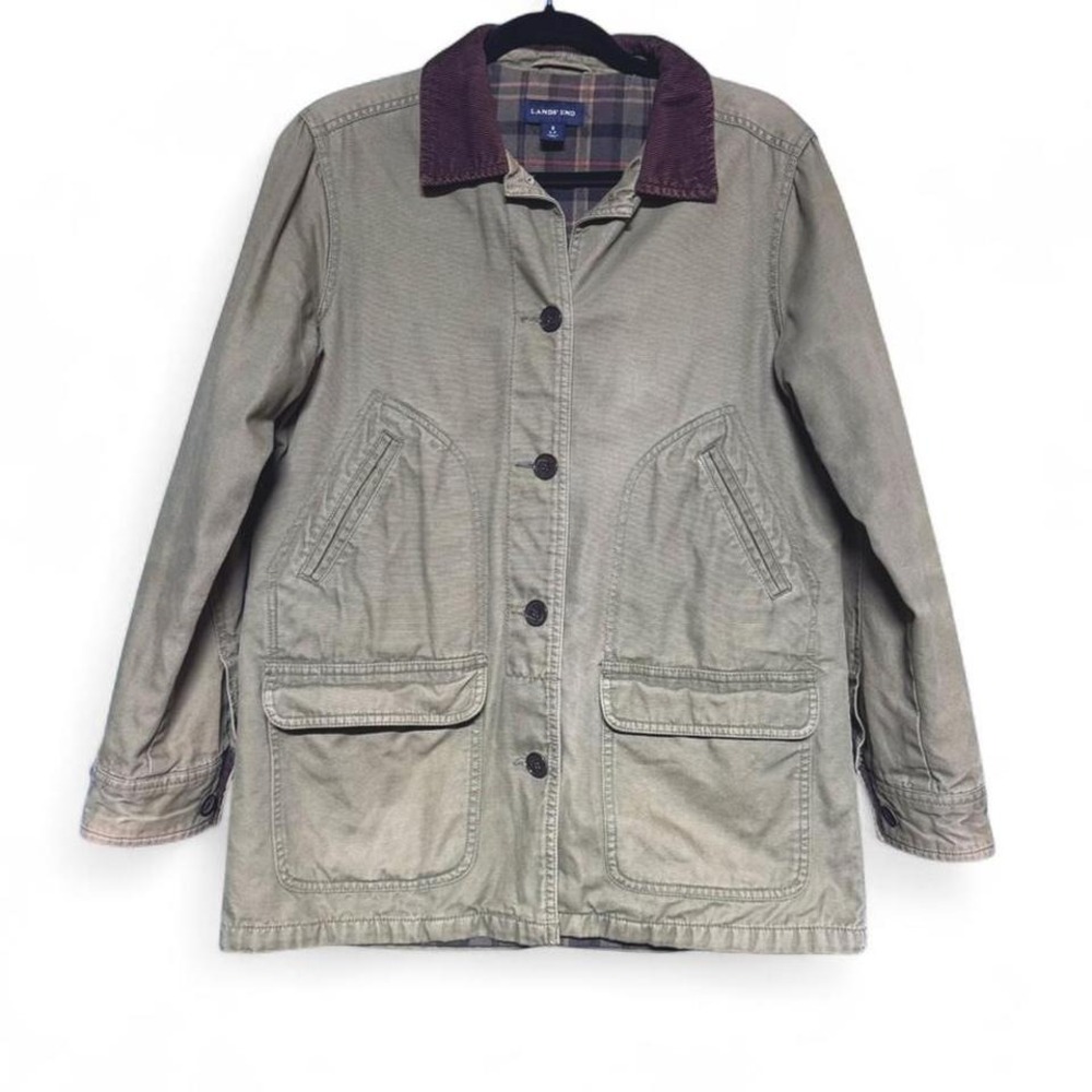 Vintage Lands End Chore Coat Women's Size Small Green Khaki Cotton Flannel Retro